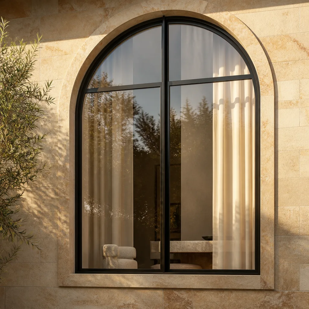 Arched black frame window on a light stone exterior wall in Hialeah, FL