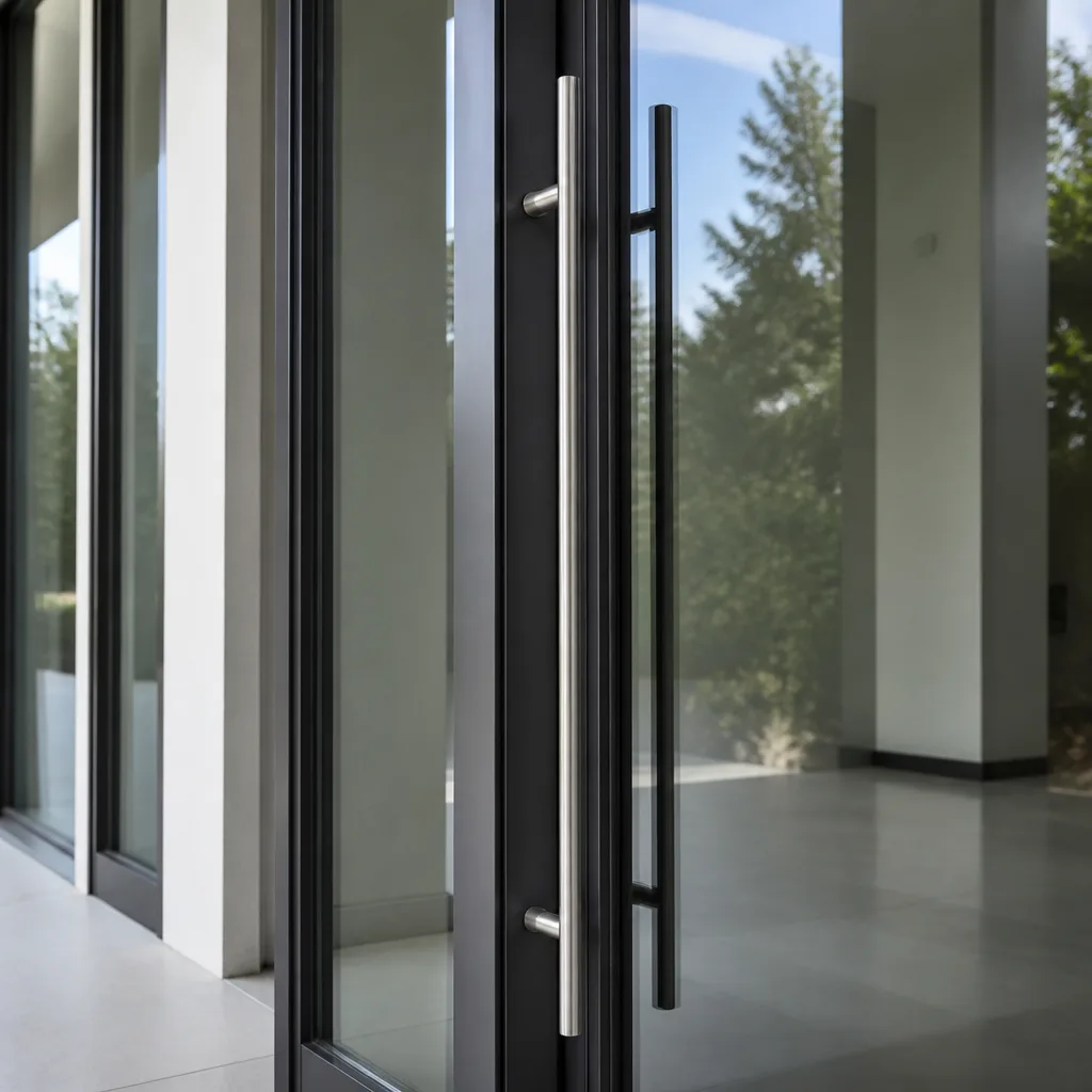 Modern glass door with stainless steel handle installation in Doral, FL