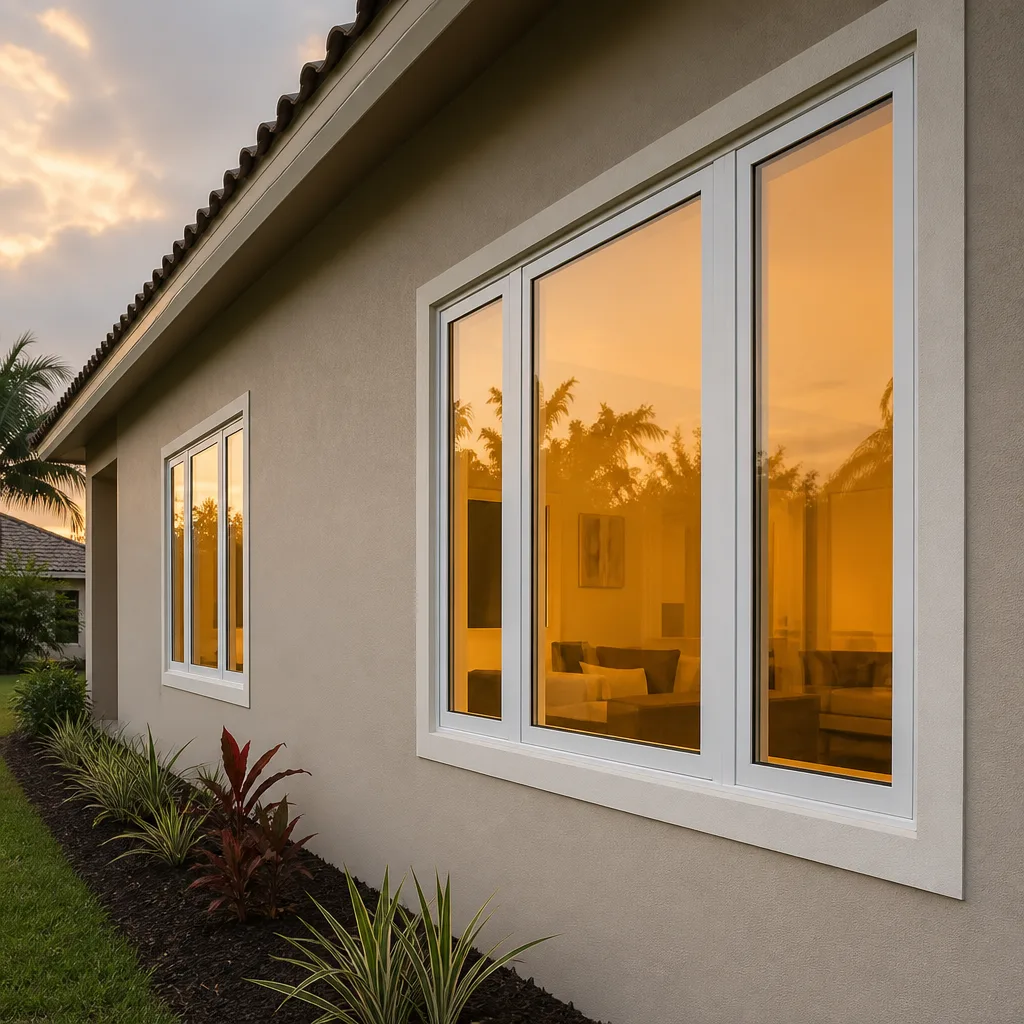 Modern energy-efficient home windows installed on a stucco exterior wall in Westview, FL