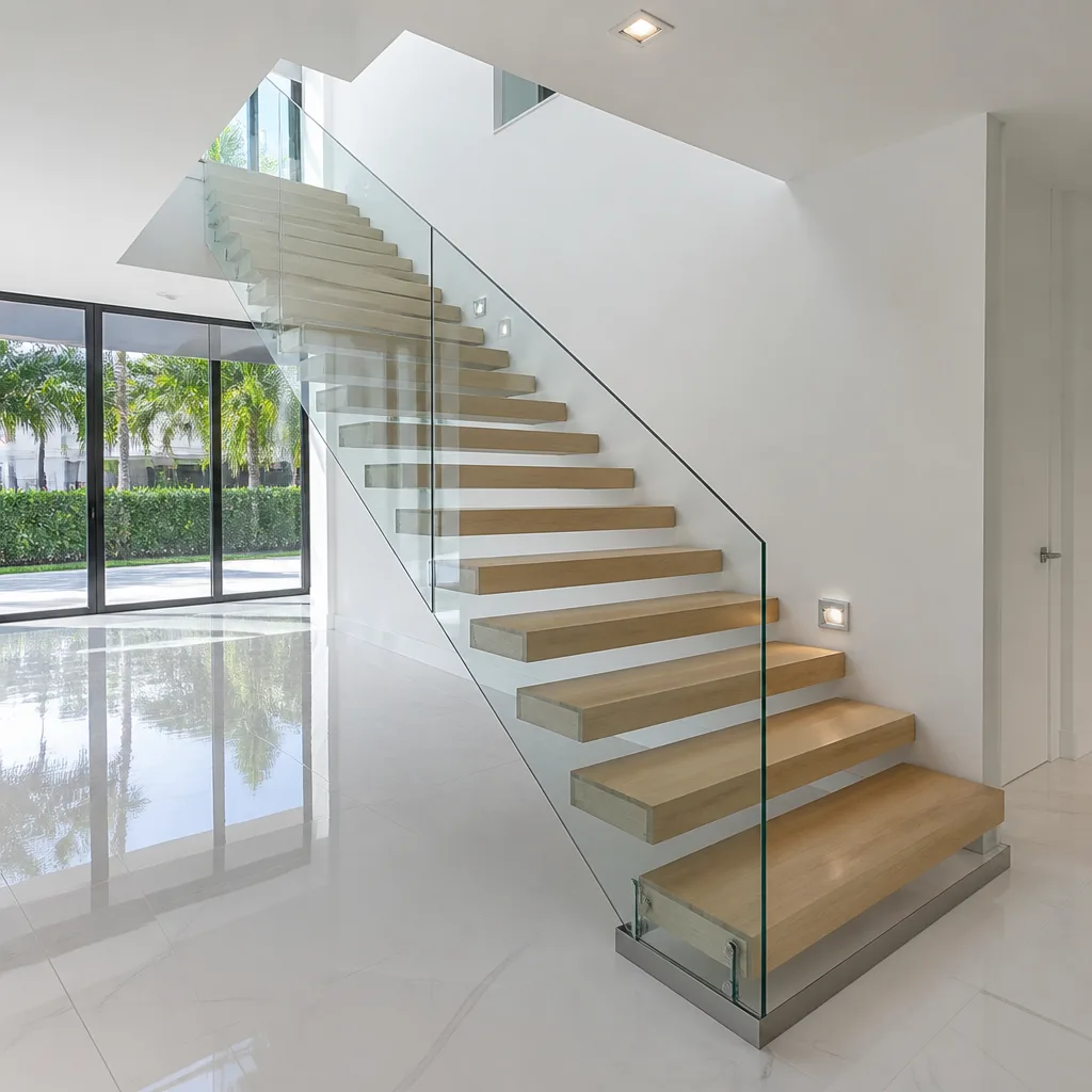 Modern floating wood staircase with a professional frameless glass railing system. in Hialeah, FL