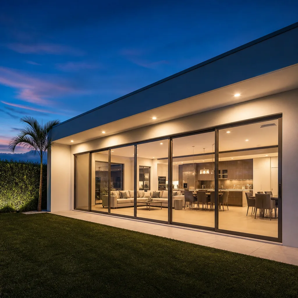 Modern home with large sliding patio doors illuminated at dusk in Hialeah, FL