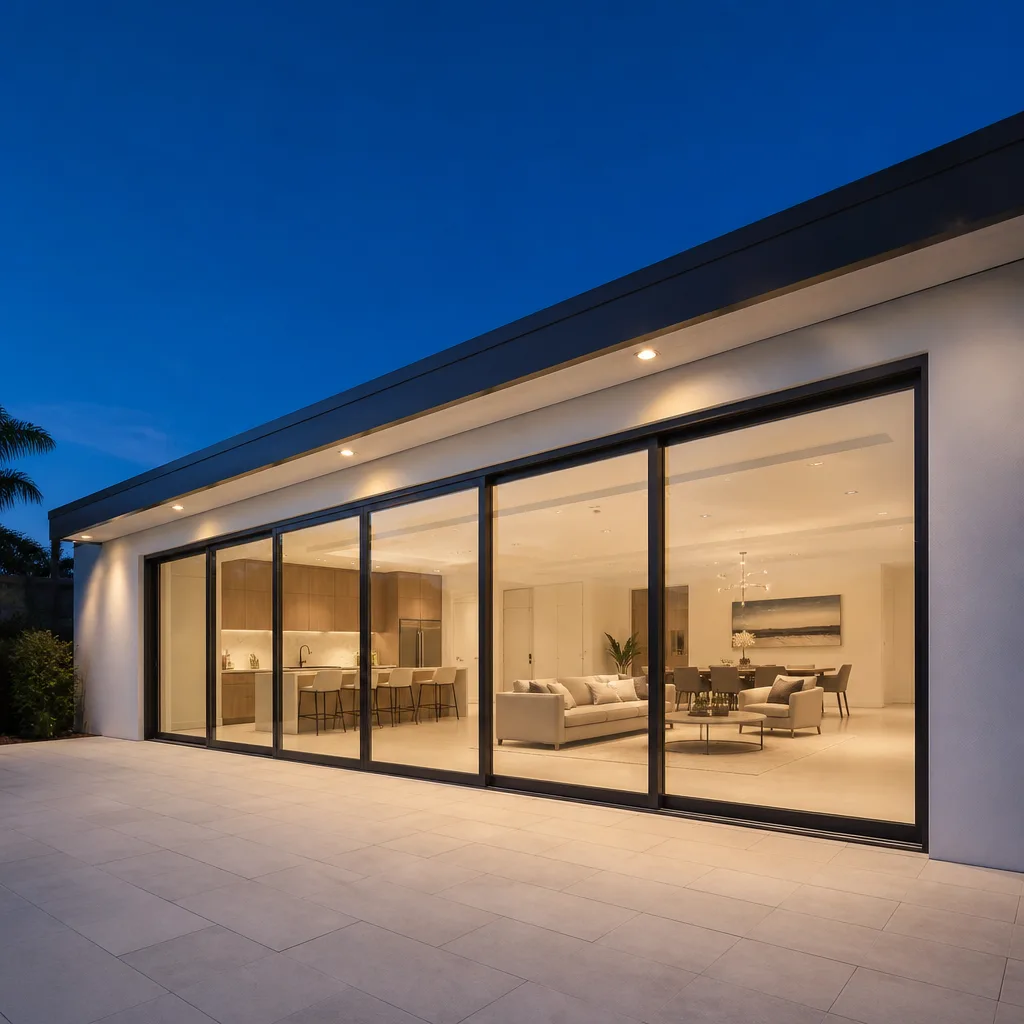 Modern luxury home with expansive sliding glass patio doors at night in Westview, FL