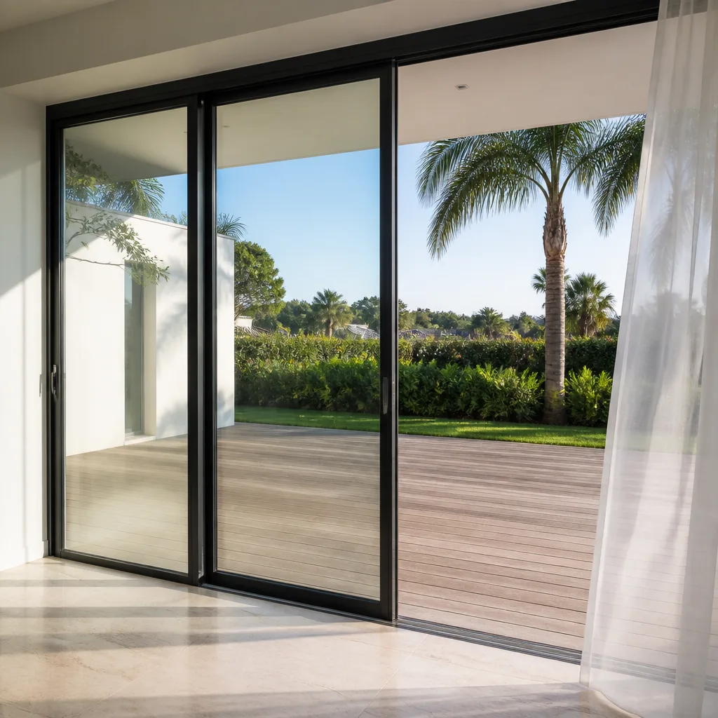 Modern sliding patio doors opening onto a sunny backyard deck in Hialeah, FL