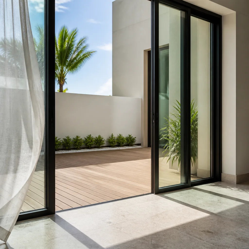 Modern sliding glass patio doors opening to a landscaped backyard deck in Westview, FL