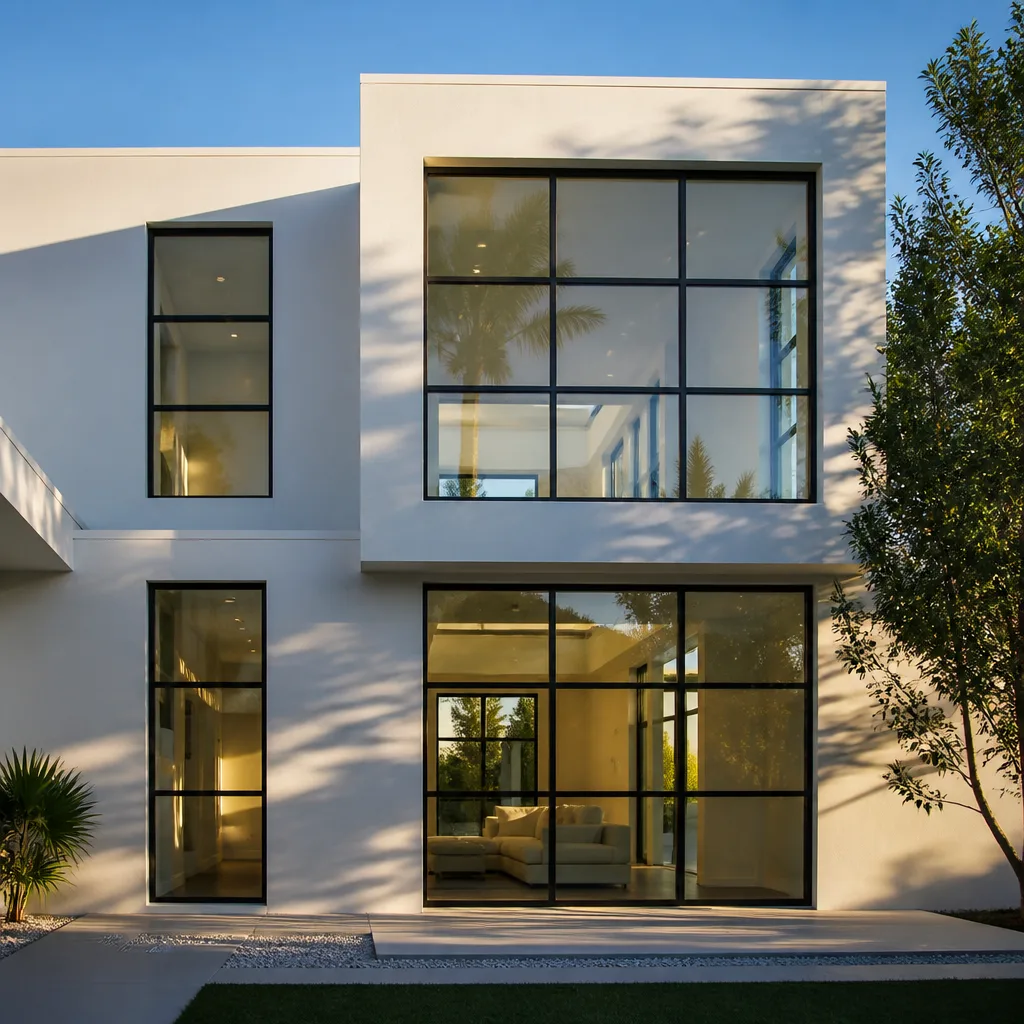 Modern house with sleek black frame windows and glass door installation in Hialeah, FL