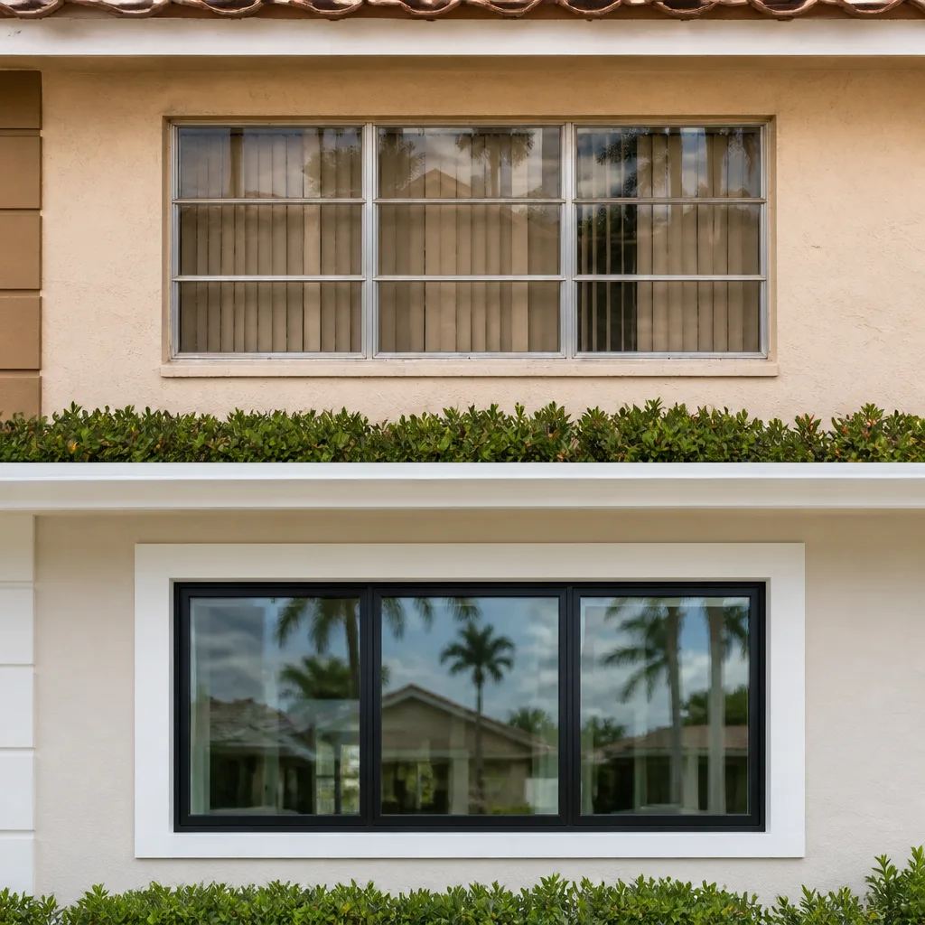 Modern black-framed window replacement on a residential exterior