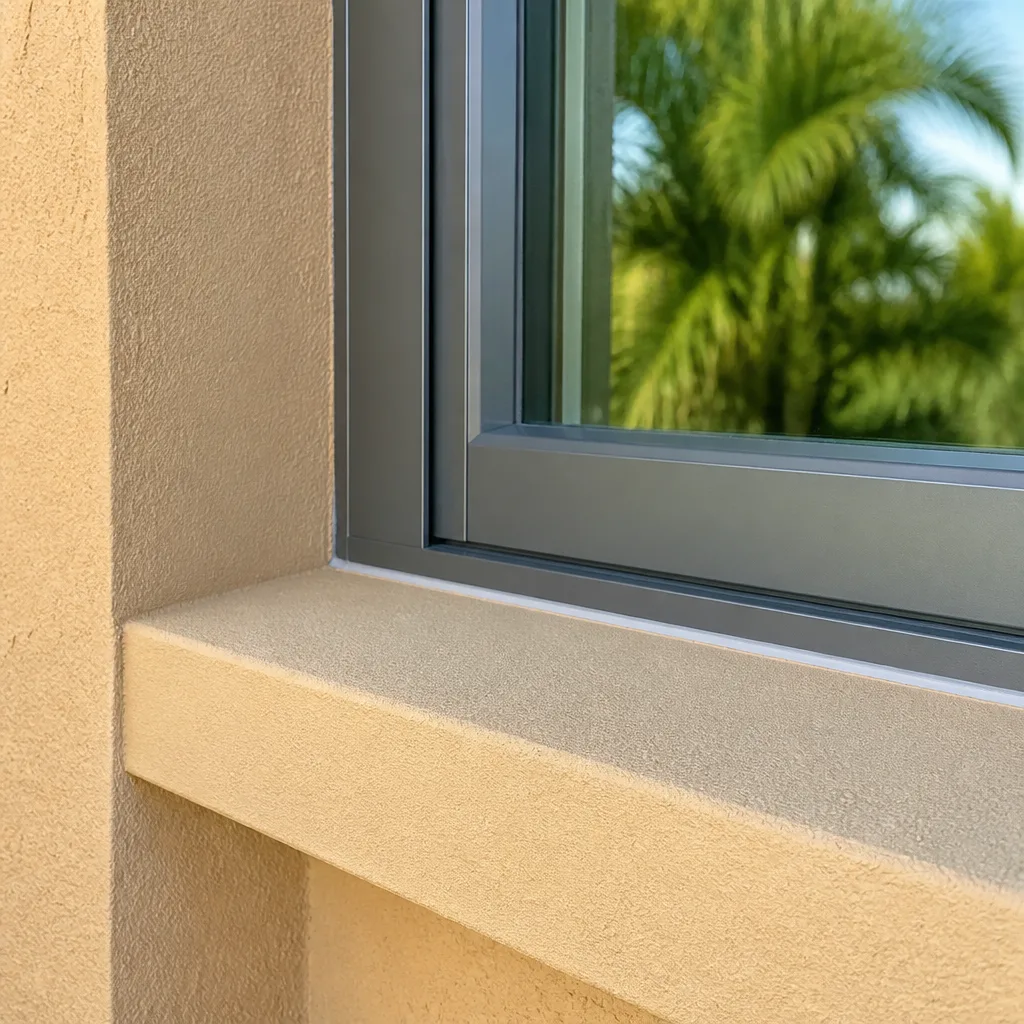 Modern dark grey window replacement installed in a textured stucco wall