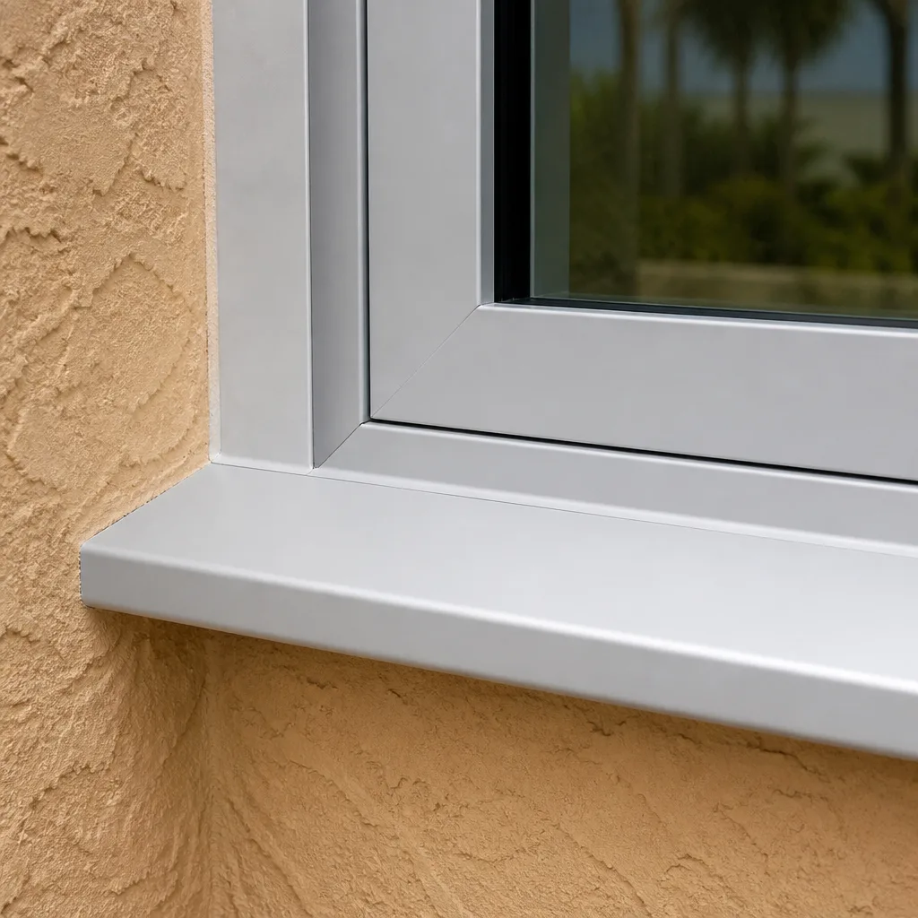 Modern silver window frame installation against a textured beige stucco wall in Hialeah, FL